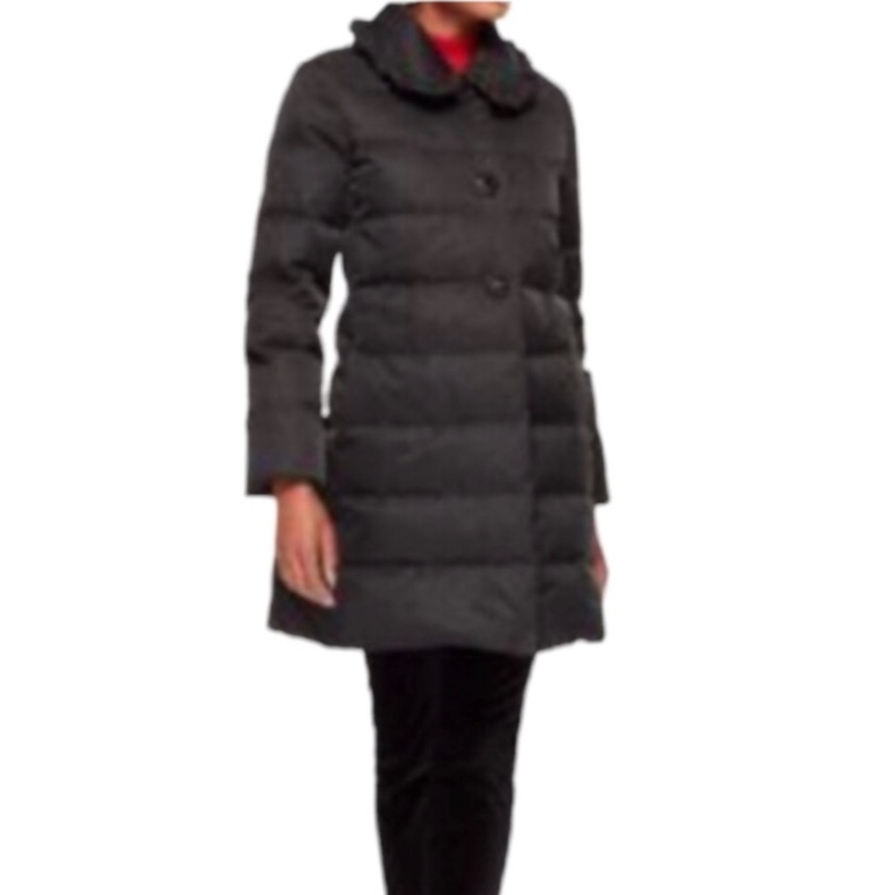 KATE SPADE New York Jewel Button Round Ruffle Collar Puffer Coat, Black, Size 4